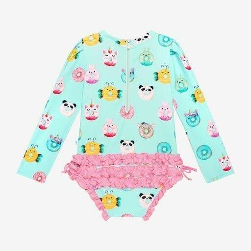 Girl's Long Sleeve Ruffled Rash Guard Swimsuit - Donuts - Image 3