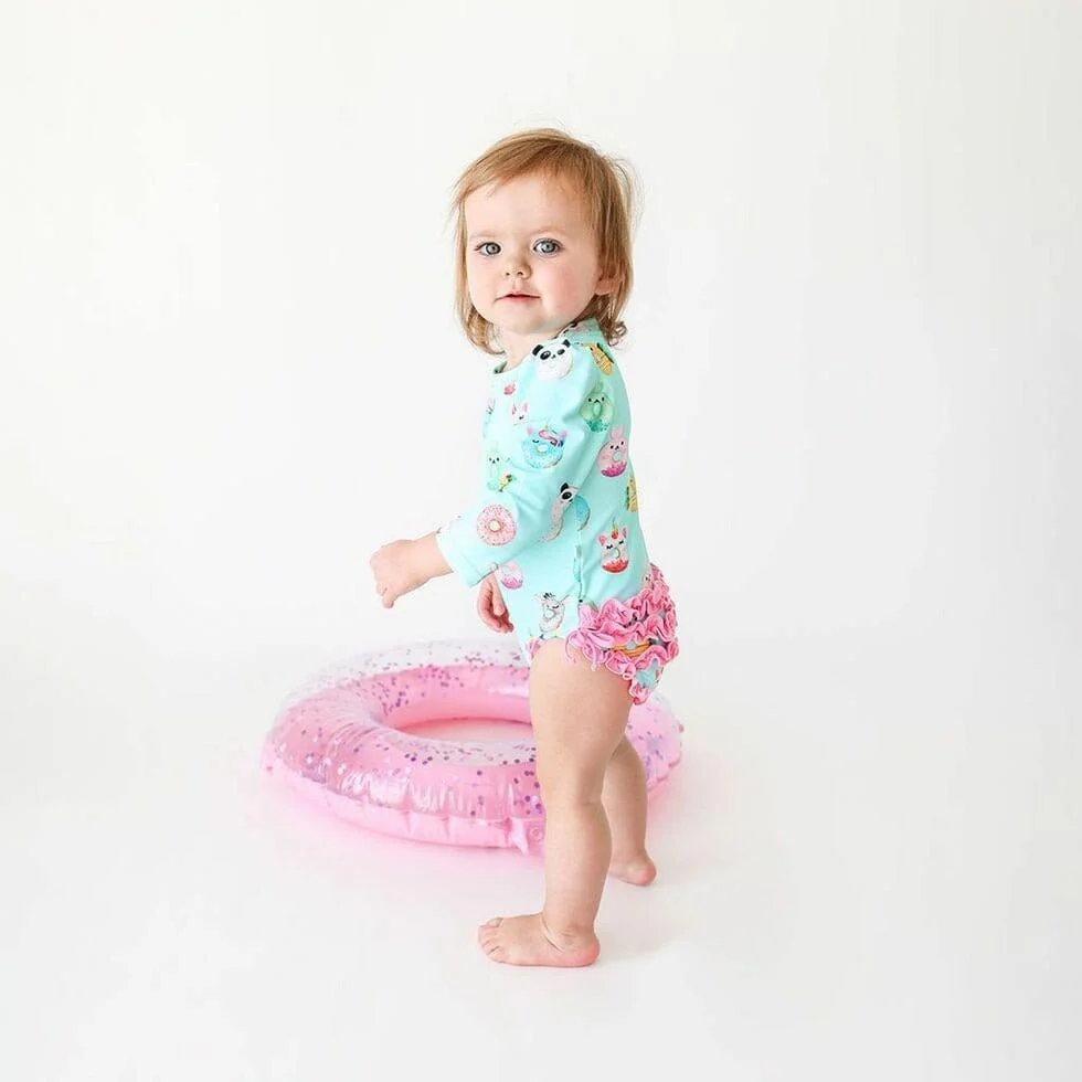 Girl's Long Sleeve Ruffled Rash Guard Swimsuit - Donuts - Image 4