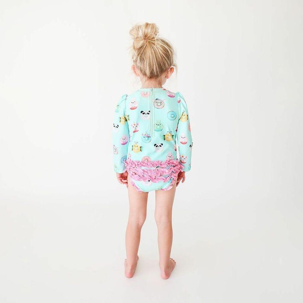 Girl's Long Sleeve Ruffled Rash Guard Swimsuit - Donuts - Image 5