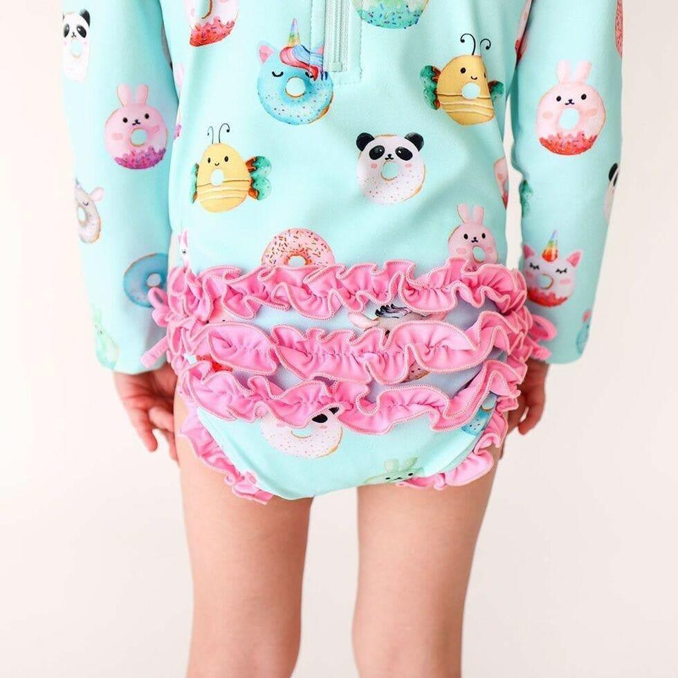 Girl's Long Sleeve Ruffled Rash Guard Swimsuit - Donuts - Image 6
