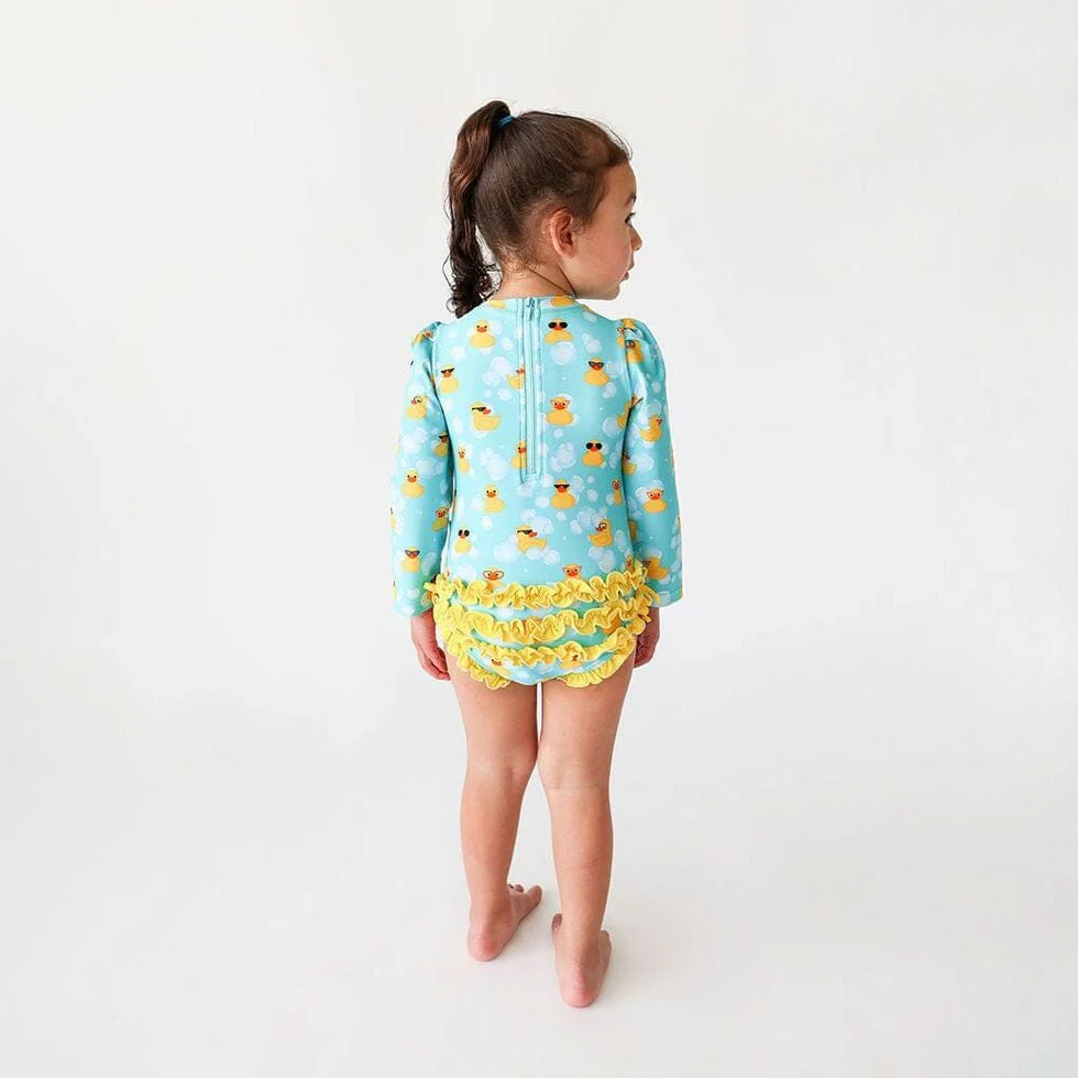 Girl's Long Sleeve Ruffled Rash Guard Swimsuit - Ducky (Ducks) - Image 2