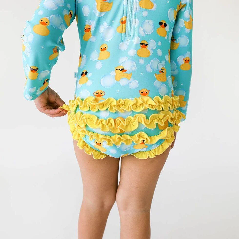 Girl's Long Sleeve Ruffled Rash Guard Swimsuit - Ducky (Ducks) - Image 3