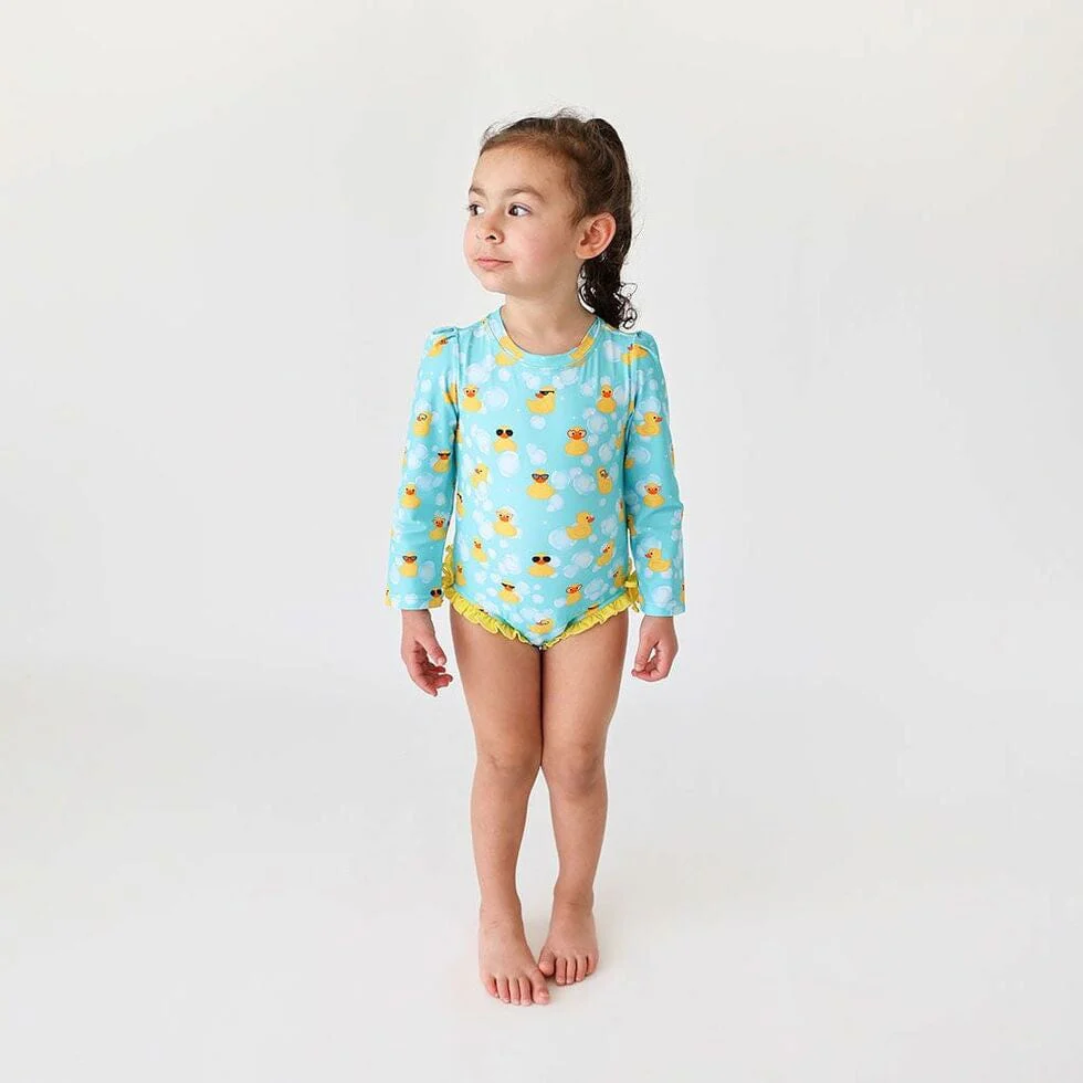 Girl's Long Sleeve Ruffled Rash Guard Swimsuit - Ducky (Ducks) - Image 4