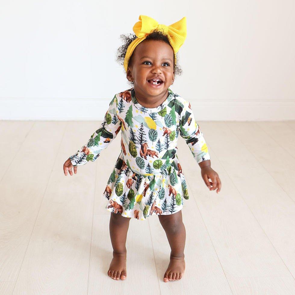 Girl's Bamboo Long Sleeve Twirl Skirt Bodysuit, Archer (Bears) - Image 2