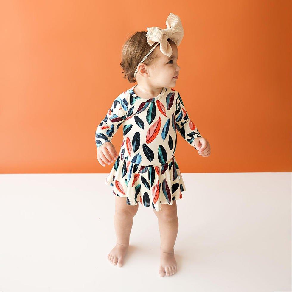 Girl's Bamboo Long Sleeve Twirl Skirt Bodysuit - Casper (Feathers) - Image 2