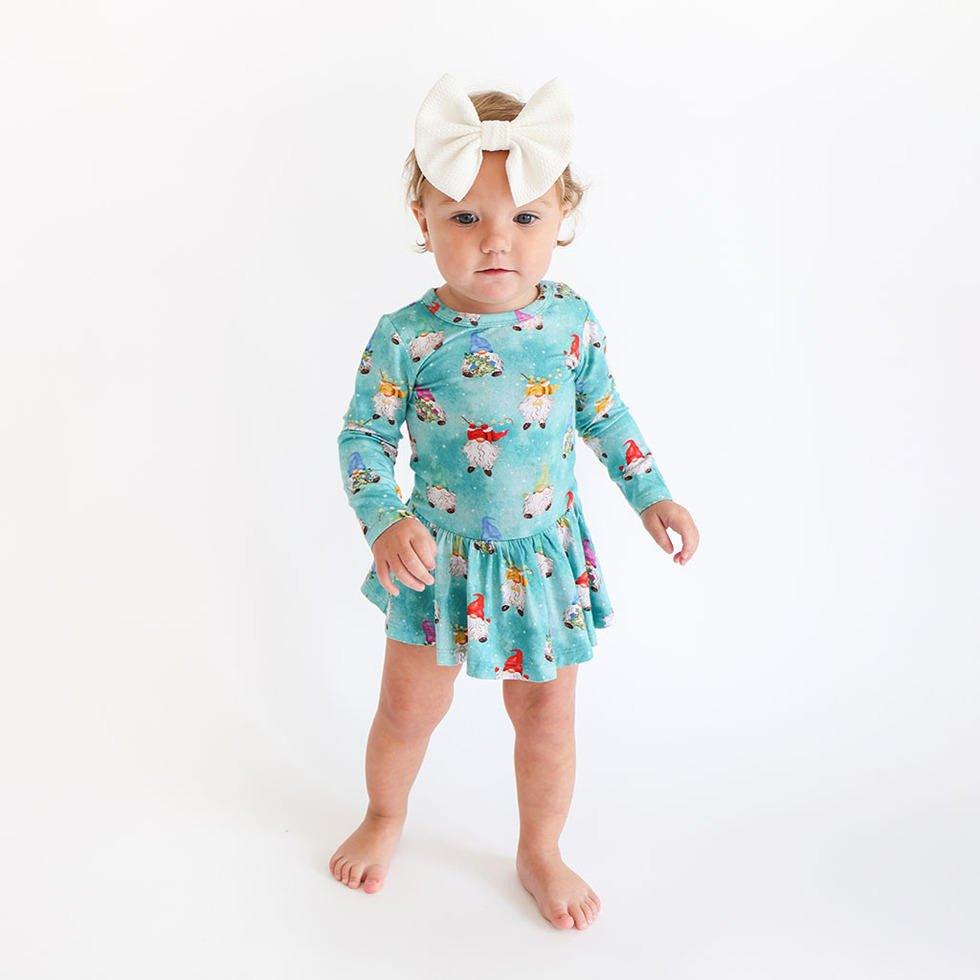 Girl's Bamboo Long Sleeve Twirl Skirt Bodysuit, Gnomey - Image 2