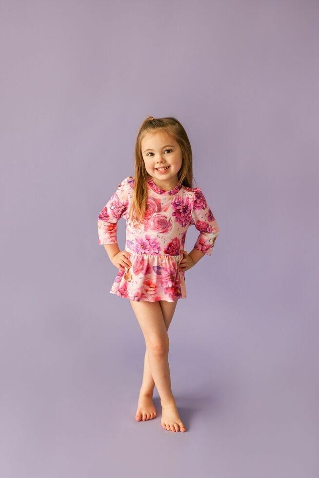 Girl's Long Sleeve Twirl Skirt Rash Guard Swimsuit - Amira (Floral) - Image 2
