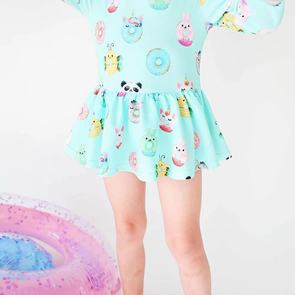 Girl's Long Sleeve Twirl Skirt Rash Guard Swimsuit - Donuts - Image 2