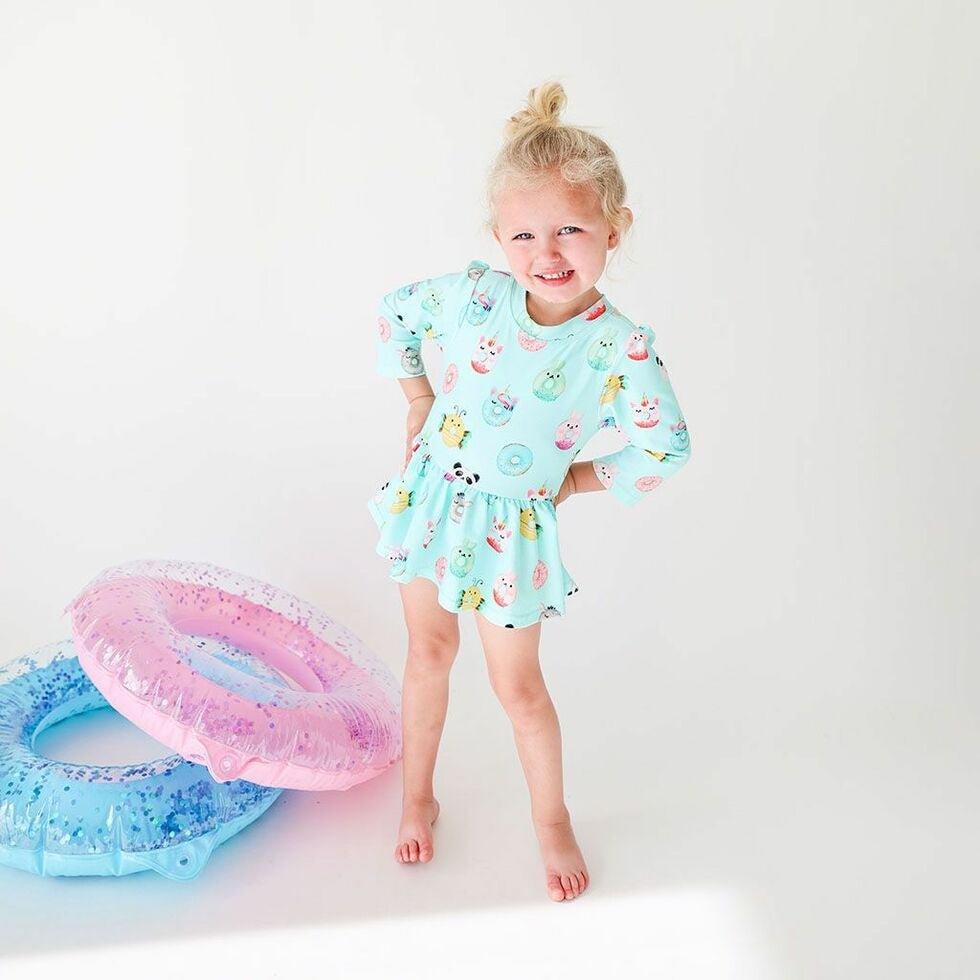 Girl's Long Sleeve Twirl Skirt Rash Guard Swimsuit - Donuts - Image 4