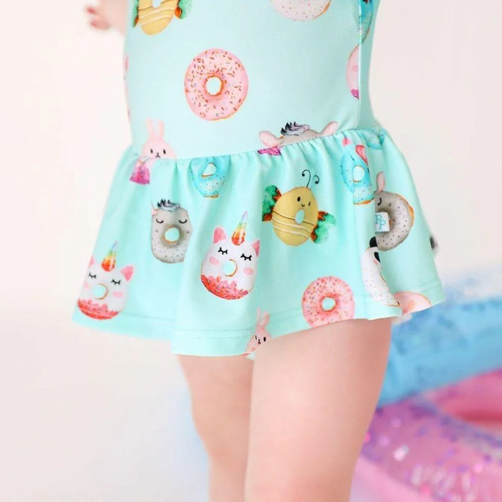 Girl's Long Sleeve Twirl Skirt Rash Guard Swimsuit - Donuts - Image 5