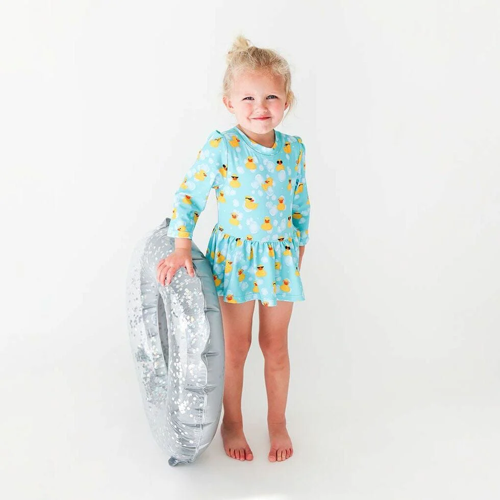 Girl's Long Sleeve Twirl Skirt Rash Guard Swimsuit - Ducky (Ducks) - Image 2