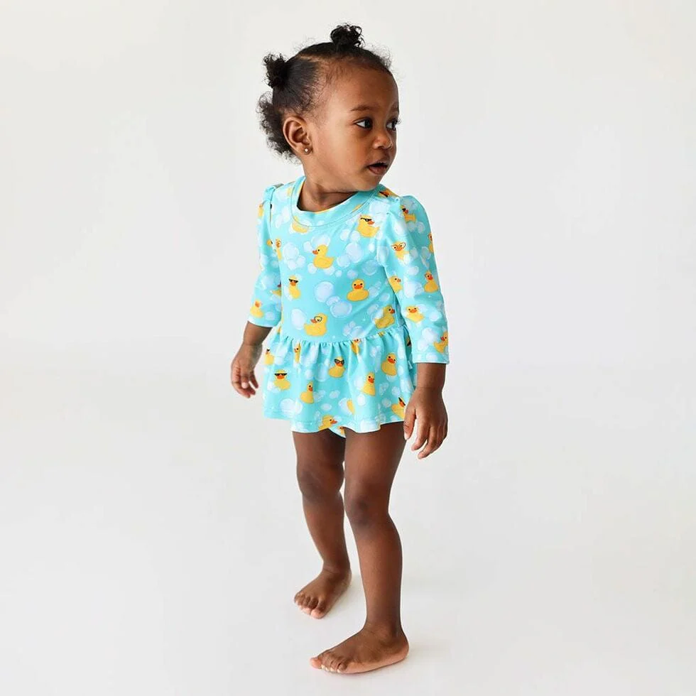 Girl's Long Sleeve Twirl Skirt Rash Guard Swimsuit - Ducky (Ducks) - Image 3