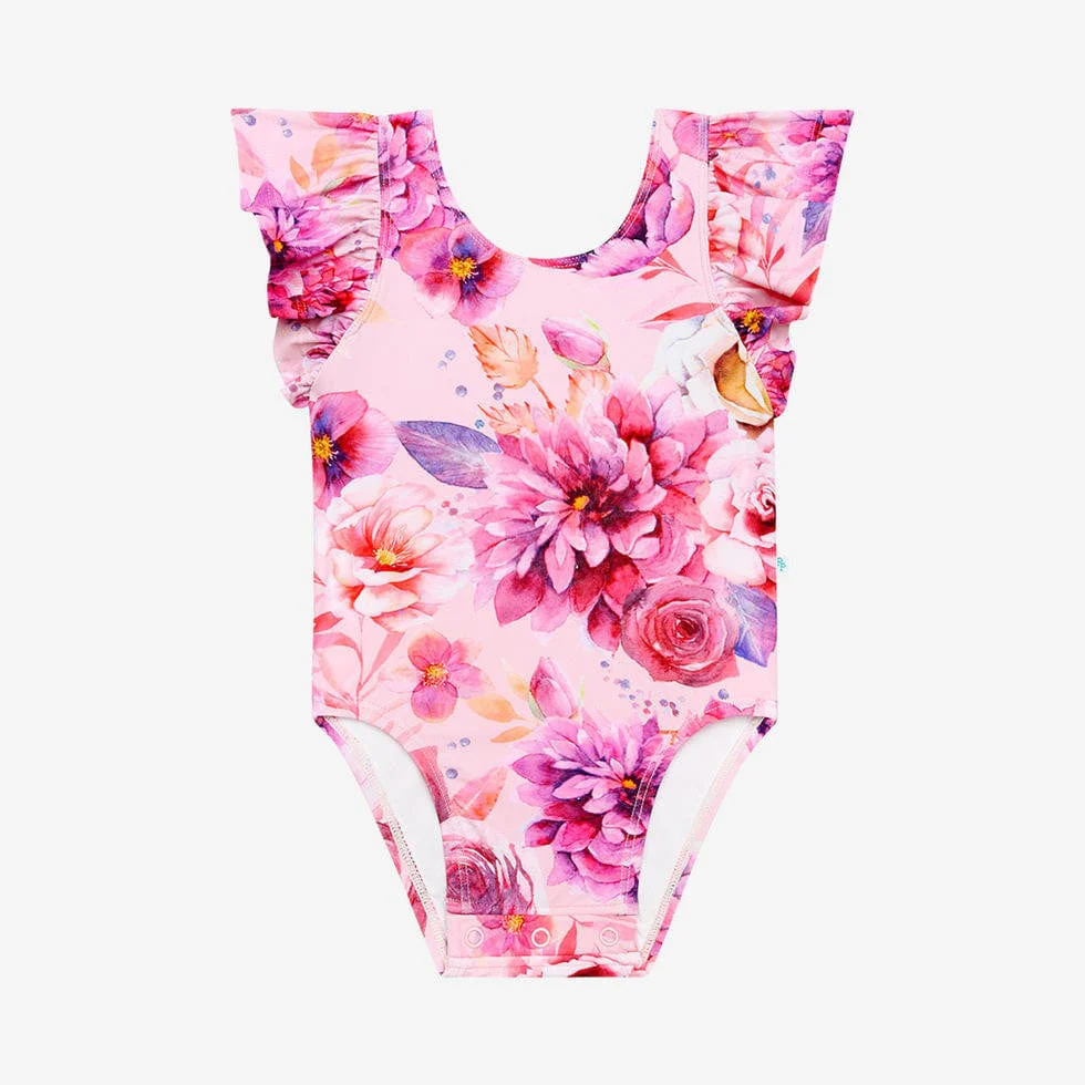Girl's One Piece Basic Ruffled Cap Sleeve Swimsuit - Amira (Floral)