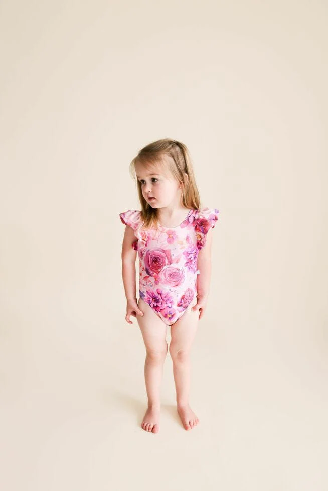 Girl's One Piece Basic Ruffled Cap Sleeve Swimsuit - Amira (Floral) - Image 2