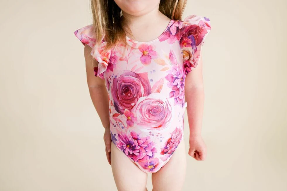 Girl's One Piece Basic Ruffled Cap Sleeve Swimsuit - Amira (Floral) - Image 3
