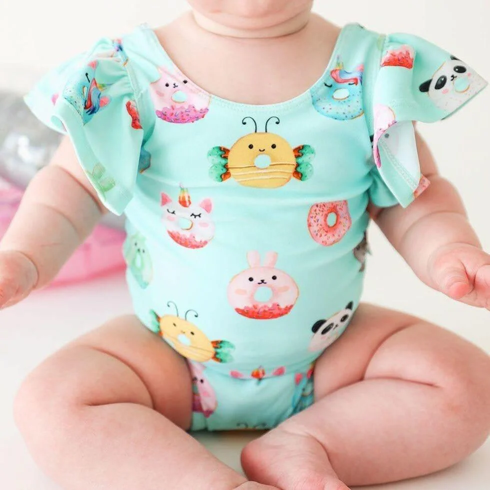 Girl's One Piece Basic Ruffled Cap Sleeve Swimsuit - Donuts - Image 4
