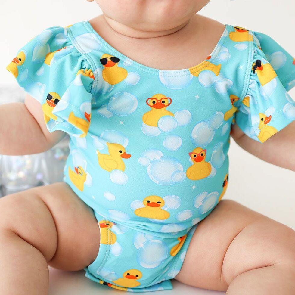 Girl's One Piece Basic Ruffled Cap Sleeve Swimsuit - Ducky (Ducks) - Image 2