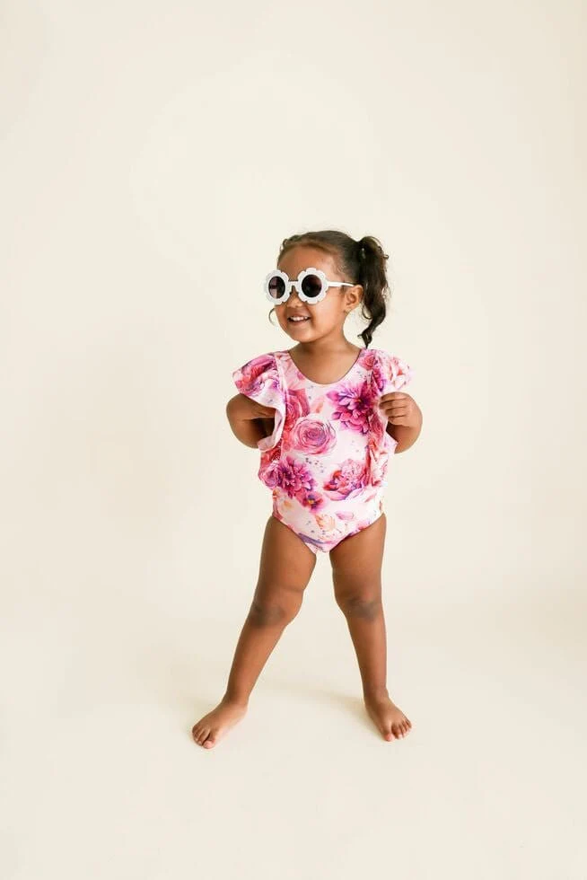 Girl's One Piece Ruffled Flutter Sleeve Swimsuit - Amira (Floral) - Image 3