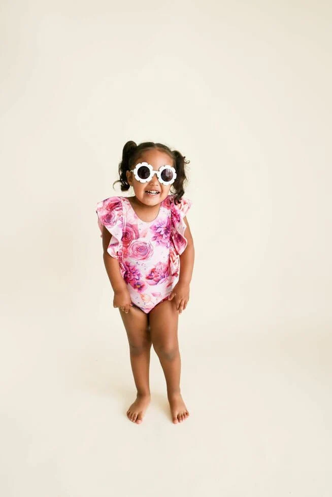 Girl's One Piece Ruffled Flutter Sleeve Swimsuit - Amira (Floral) - Image 4