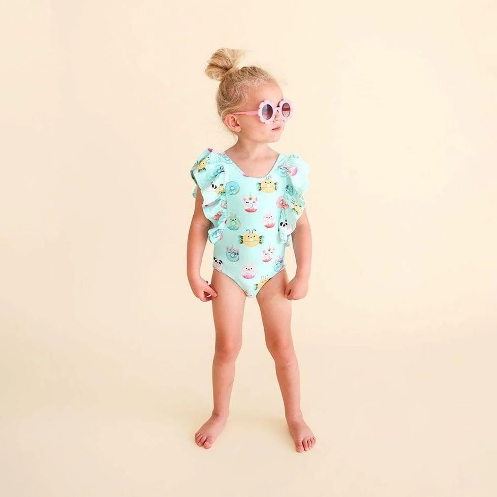 Girl's One Piece Ruffled Flutter Sleeve Swimsuit - Donuts - Image 2