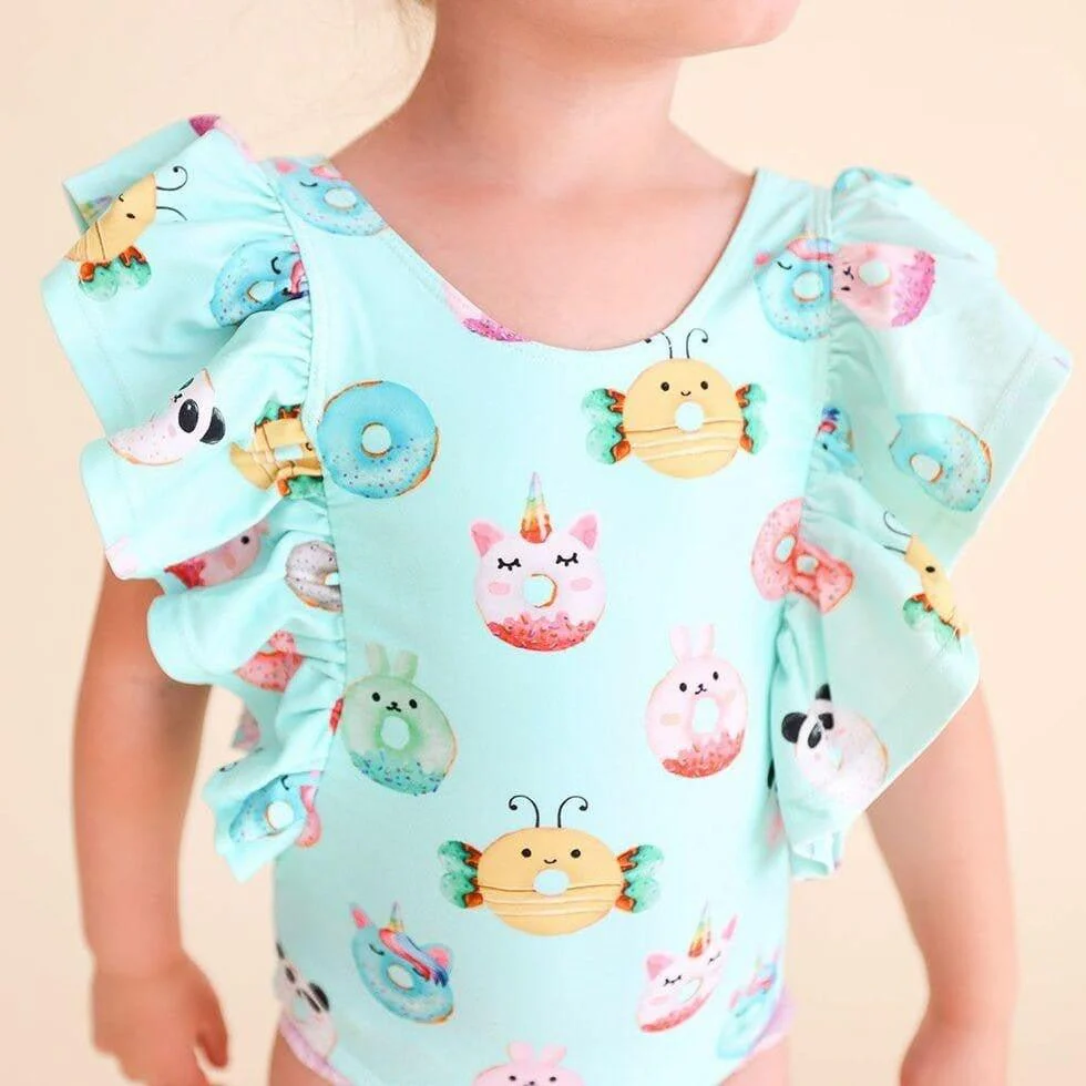 Girl's One Piece Ruffled Flutter Sleeve Swimsuit - Donuts - Image 3