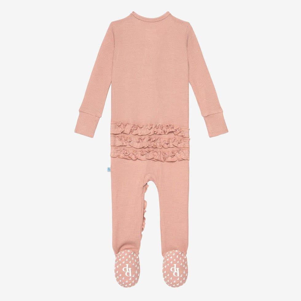 Girl's Solid Bamboo Ruffle Footie with Zipper - Desert Rose Waffle - Image 2