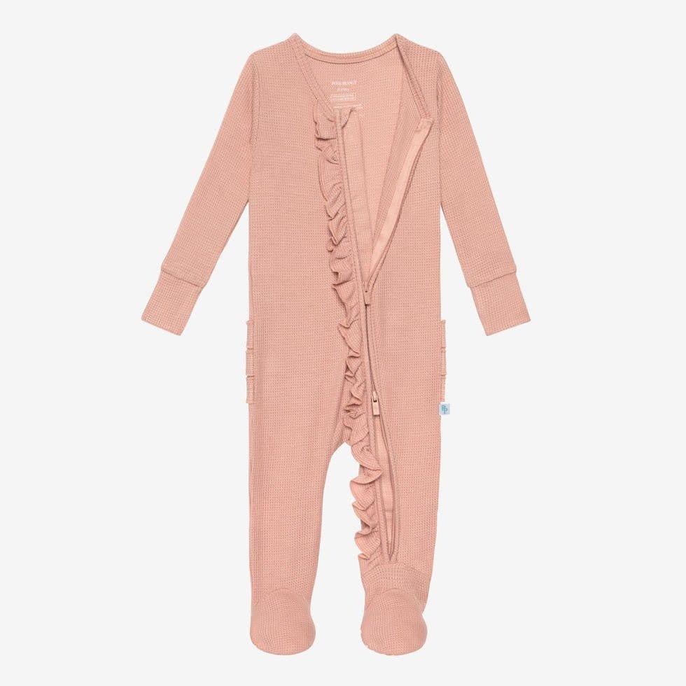 Girl's Solid Bamboo Ruffle Footie with Zipper - Desert Rose Waffle - Image 3