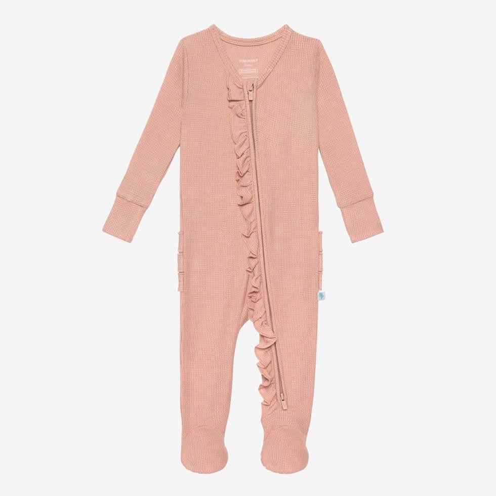 Girl's Solid Bamboo Ruffle Footie with Zipper - Desert Rose Waffle - Image 4