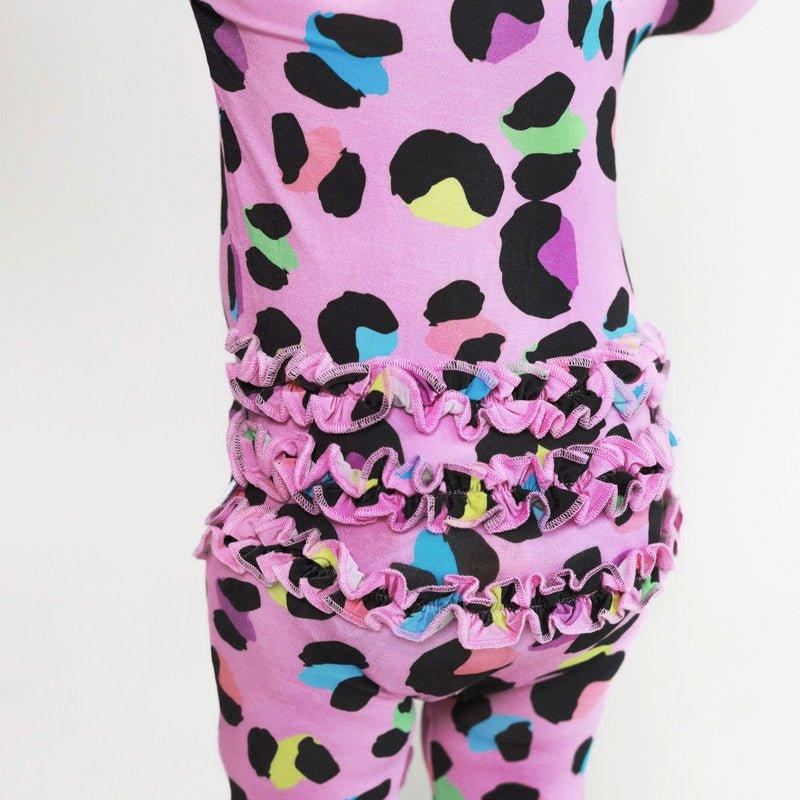 Girl's Bamboo Ruffle Footie with Zipper - Electric Leopard - Image 4