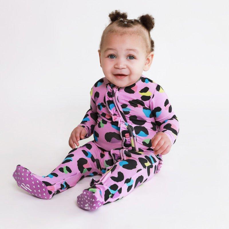 Girl's Bamboo Ruffle Footie with Zipper - Electric Leopard - Image 5