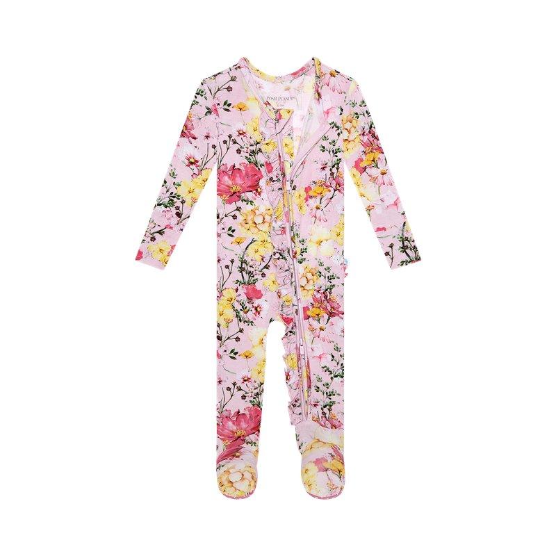 Girl's Bamboo Ruffle Footie with Zipper - Gaia (Floral) - Image 3