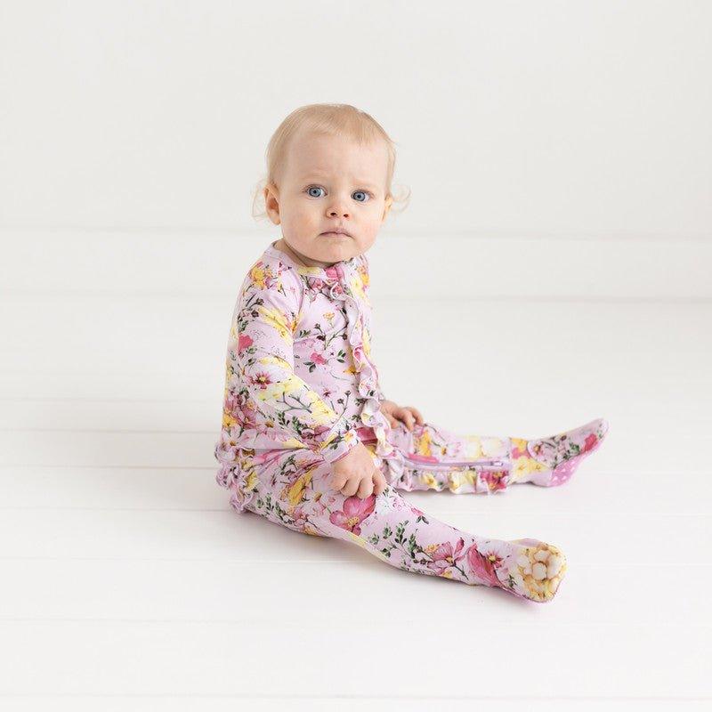 Girl's Bamboo Ruffle Footie with Zipper - Gaia (Floral) - Image 4