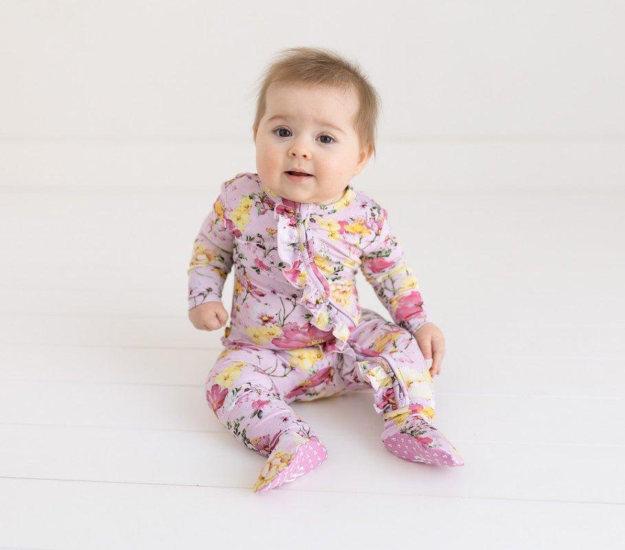 Girl's Bamboo Ruffle Footie with Zipper - Gaia (Floral) - Image 5