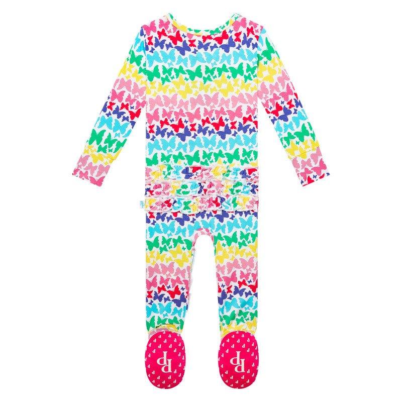 Girl's Bamboo Ruffle Footie with Zipper - Rainbow Butterfly - Image 2