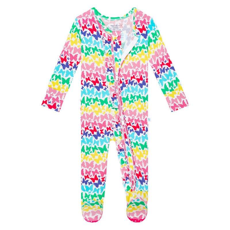 Girl's Bamboo Ruffle Footie with Zipper - Rainbow Butterfly - Image 3