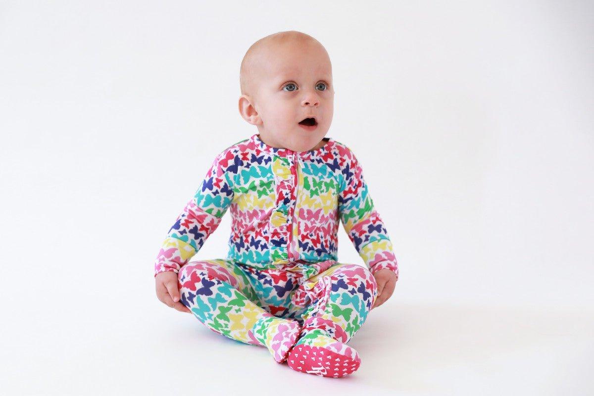 Girl's Bamboo Ruffle Footie with Zipper - Rainbow Butterfly - Image 4
