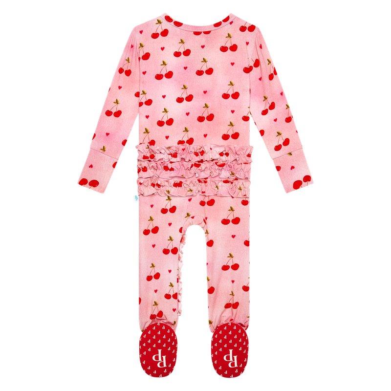 Girl's Bamboo Ruffle Footie with Zipper - Very Cherry - Image 2