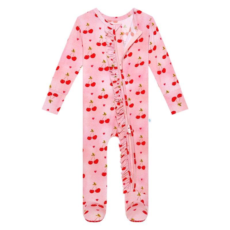 Girl's Bamboo Ruffle Footie with Zipper - Very Cherry - Image 3