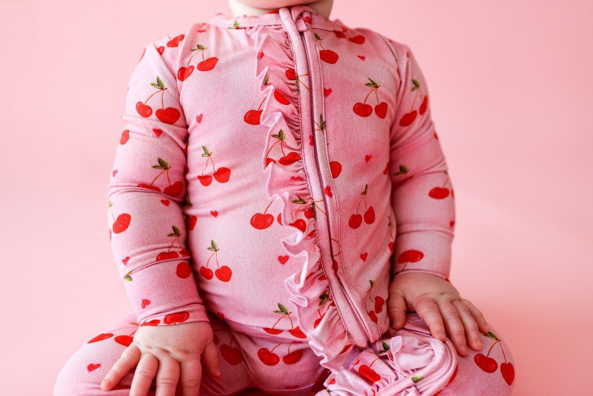 Girl's Bamboo Ruffle Footie with Zipper - Very Cherry - Image 4