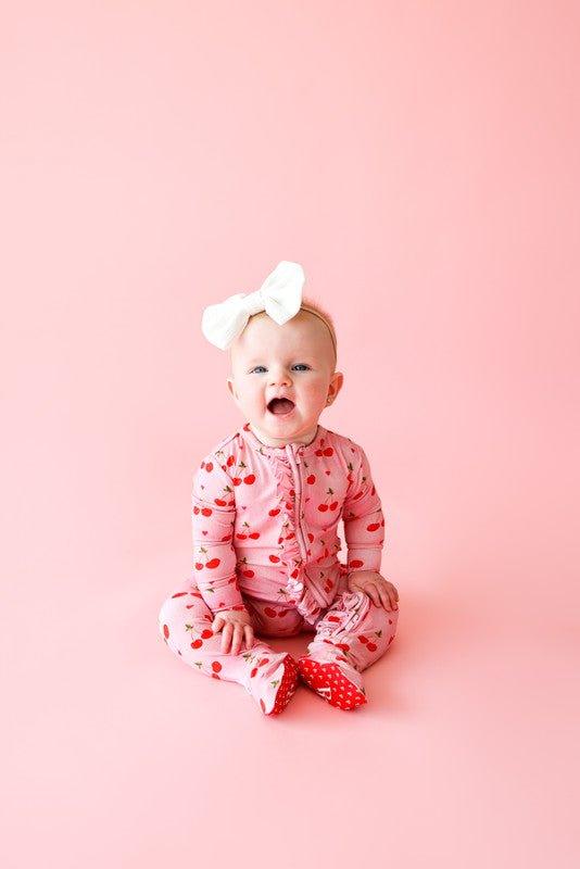 Girl's Bamboo Ruffle Footie with Zipper - Very Cherry - Image 5