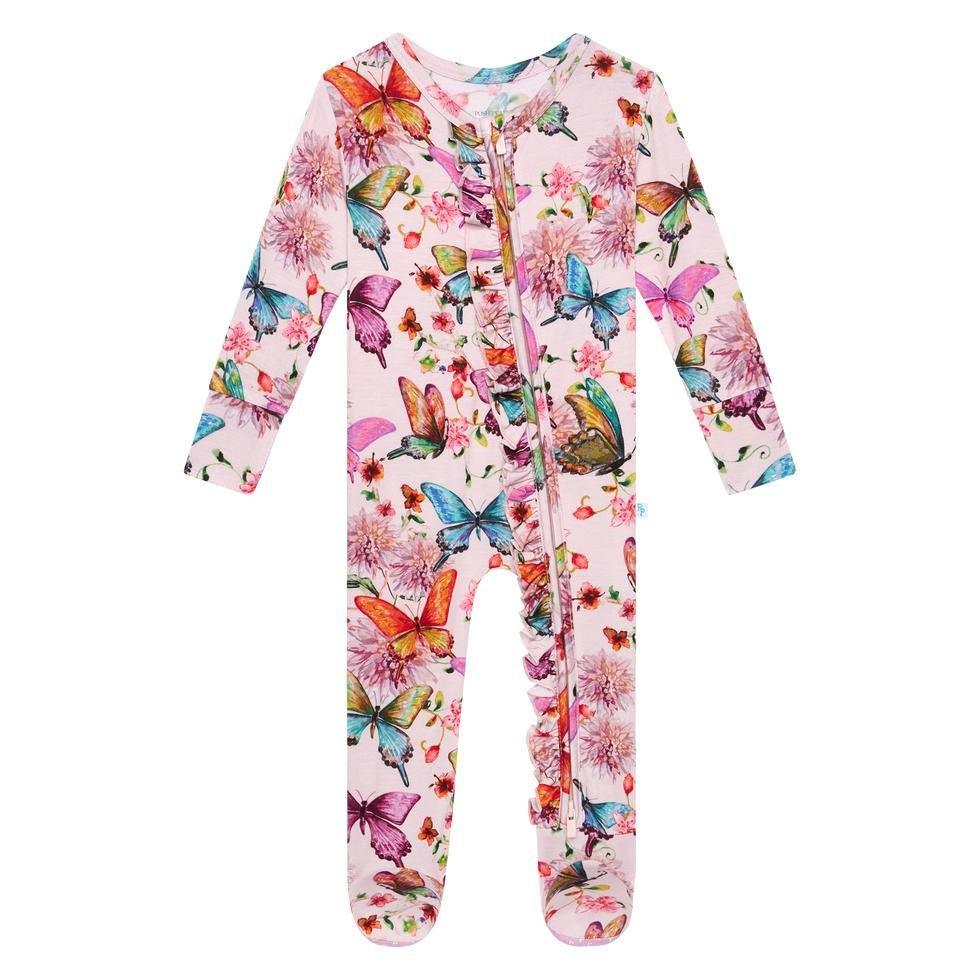 Girl's Bamboo Ruffle Footie with Zipper - Watercolor Butterfly