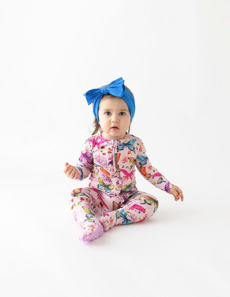 Girl's Bamboo Ruffle Footie with Zipper - Watercolor Butterfly - Image 2