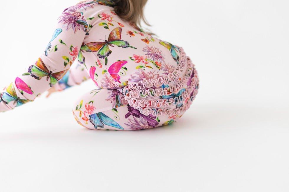 Girl's Bamboo Ruffle Footie with Zipper - Watercolor Butterfly - Image 3