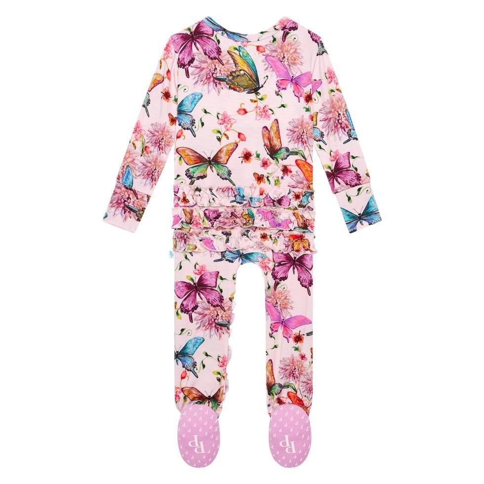 Girl's Bamboo Ruffle Footie with Zipper - Watercolor Butterfly - Image 4