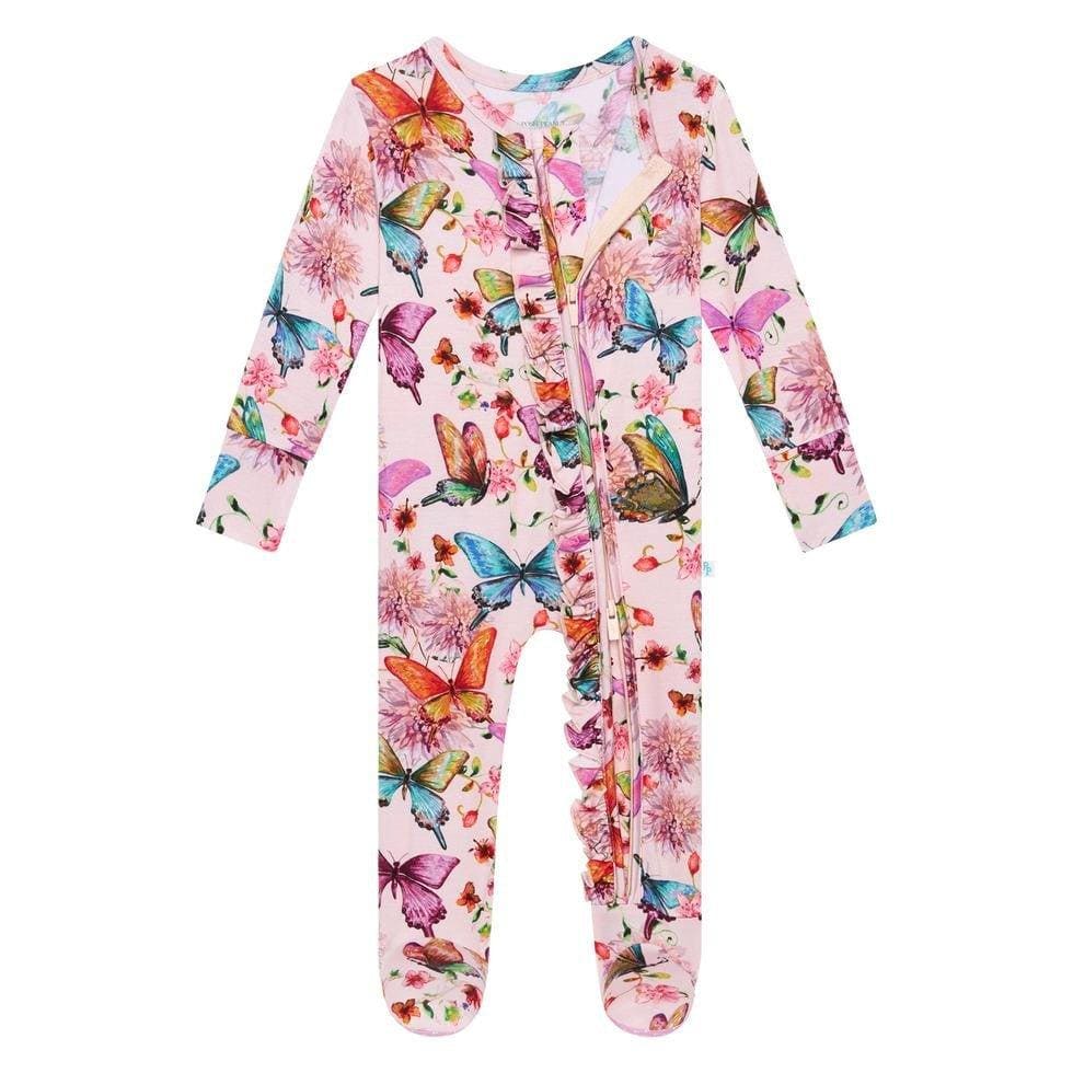 Girl's Bamboo Ruffle Footie with Zipper - Watercolor Butterfly - Image 6