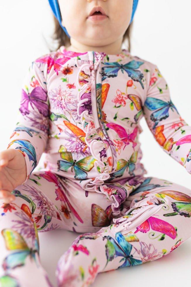 Girl's Bamboo Ruffle Footie with Zipper - Watercolor Butterfly - Image 7