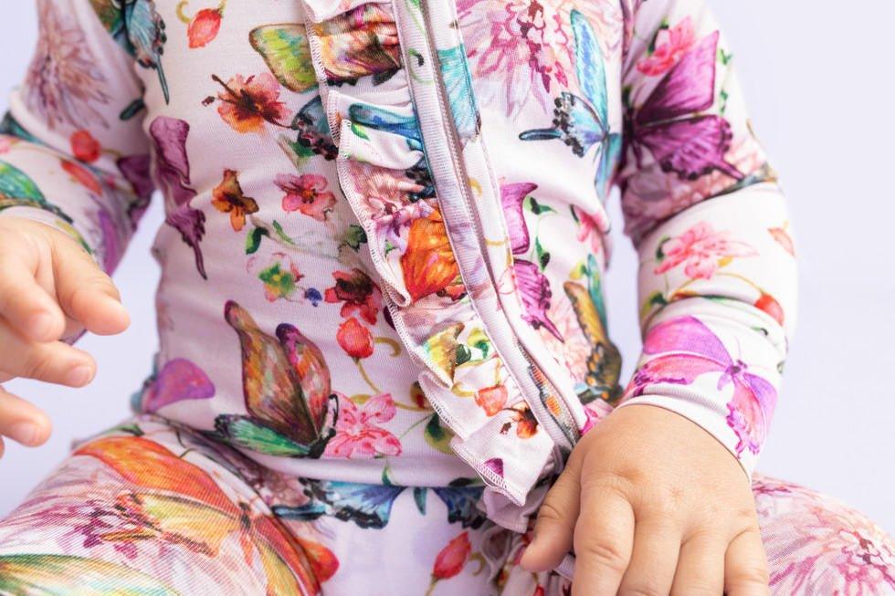 Girl's Bamboo Ruffle Footie with Zipper - Watercolor Butterfly - Image 8