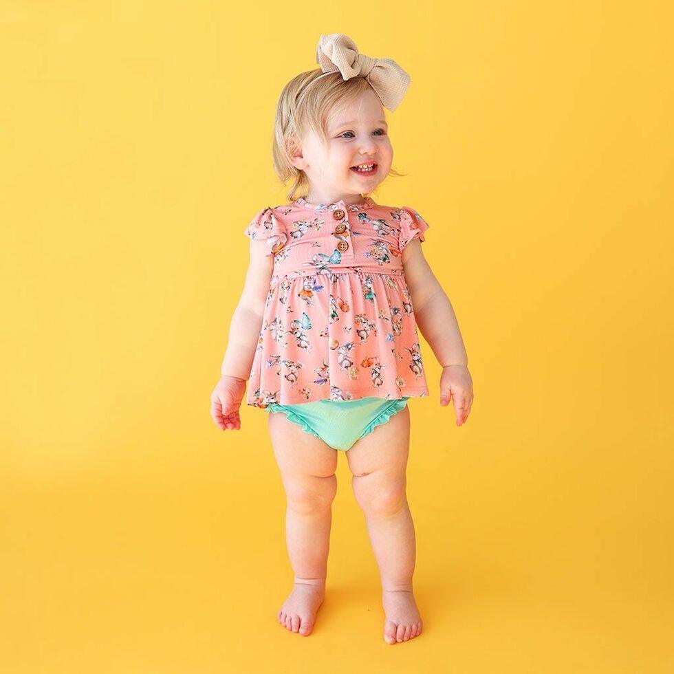 Girl's Bamboo Ruffled Cap Sleeve Henley Peplum Top & Bloomer Outfit Set - Betty (Rabbits) - Image 2