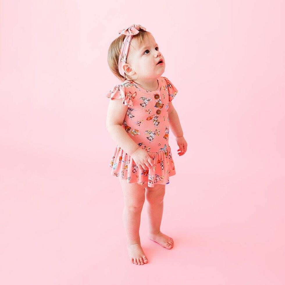 Girl's Bamboo Ruffled Cap Sleeve Henley Twirl Skirt Bodysuit - Betty (Rabbits) - Image 2