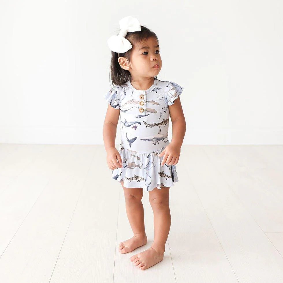 Girl's Bamboo Ruffled Cap Sleeve Henley Twirl Skirt Bodysuit - Maverick (Sharks) - Image 2
